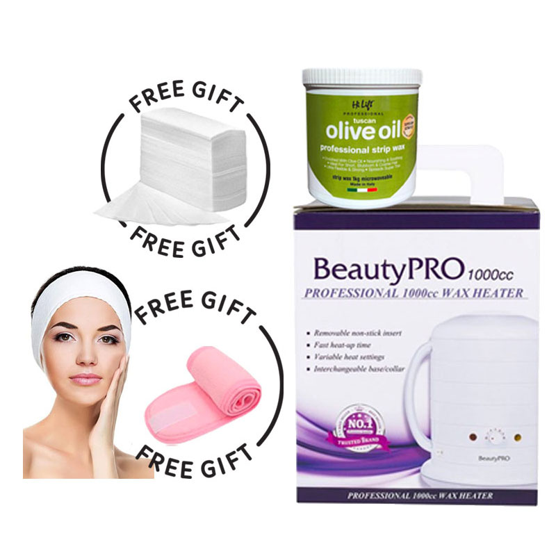 ** Free Gift Pure Ox Wax Strips 100pk & Cotton Headband with velcro tape-assorted colour ** Beauty PRO Professional Wax Heater 1000cc + Hilift Tuscan Olive Oil XXX Strip Wax 1kg Microwaveable